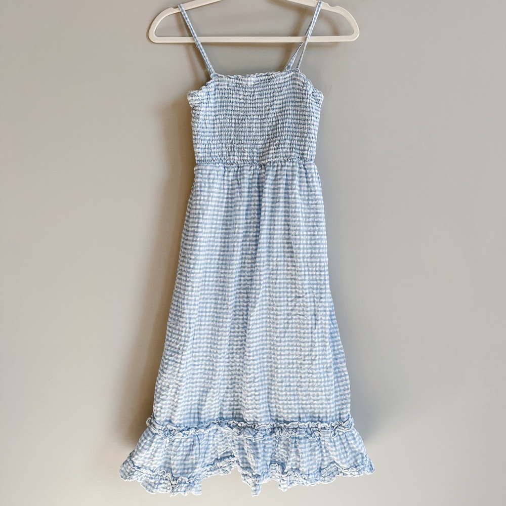Sim & Sam Blue & White Gingham Summer Midi Dress with Spaghetti Straps & Ruffles